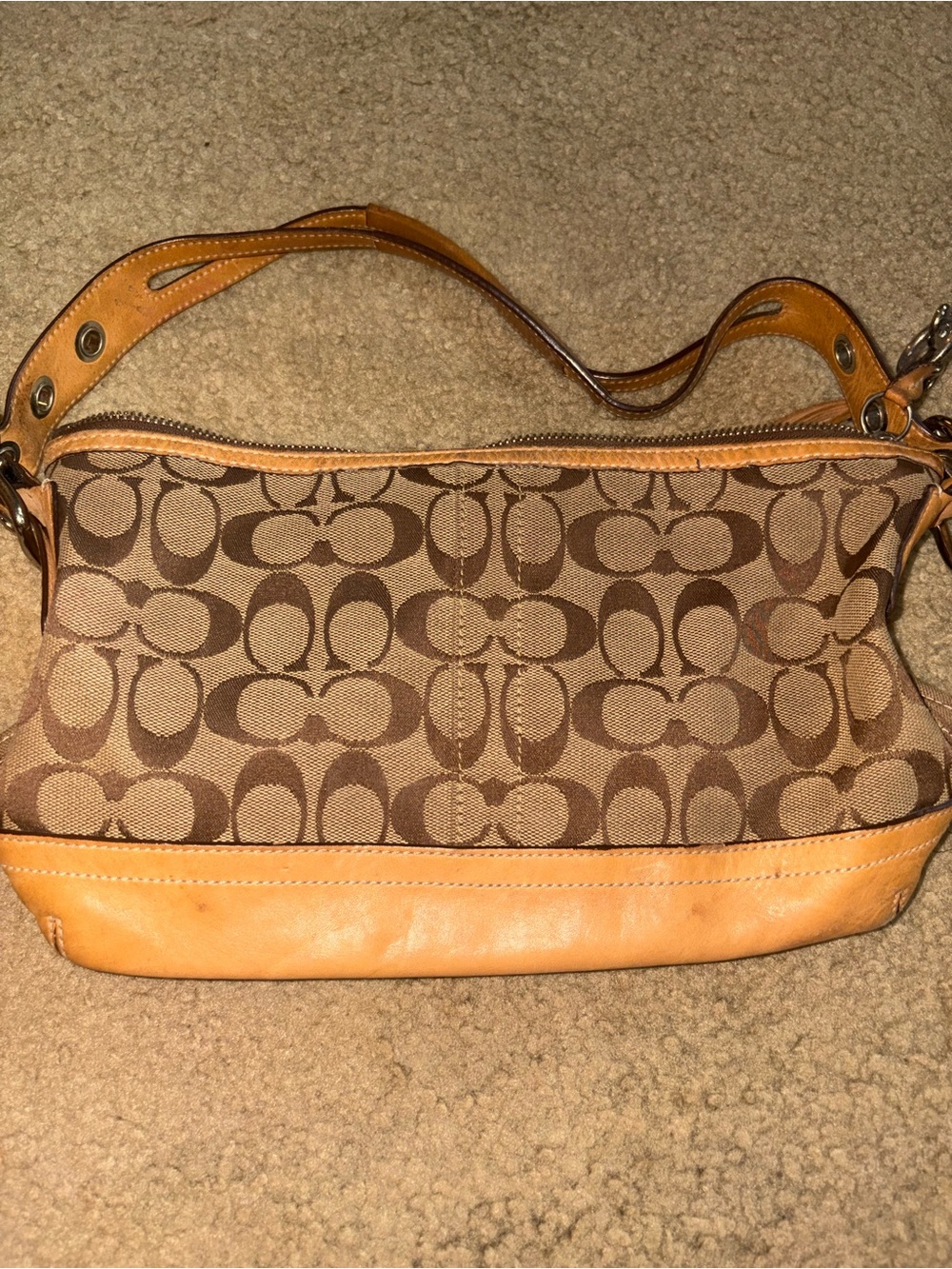 Y2K Coach Signature Tan Shoulder Bag, Fabric Leather & Leather Tassel Used As Is